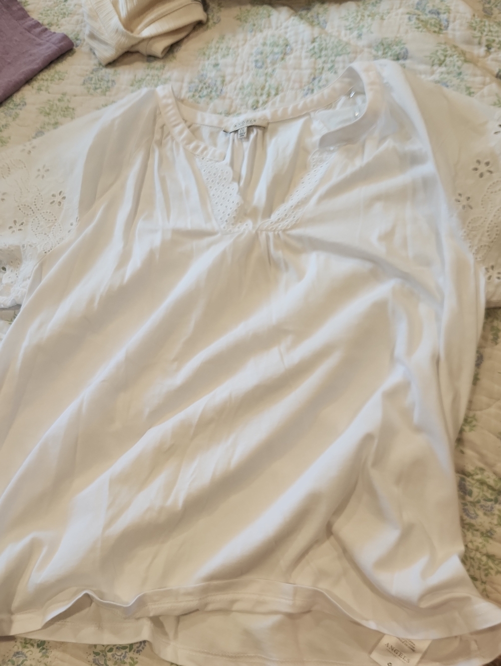 Angels White Eyelet Sleeve V-Neck Blouse
